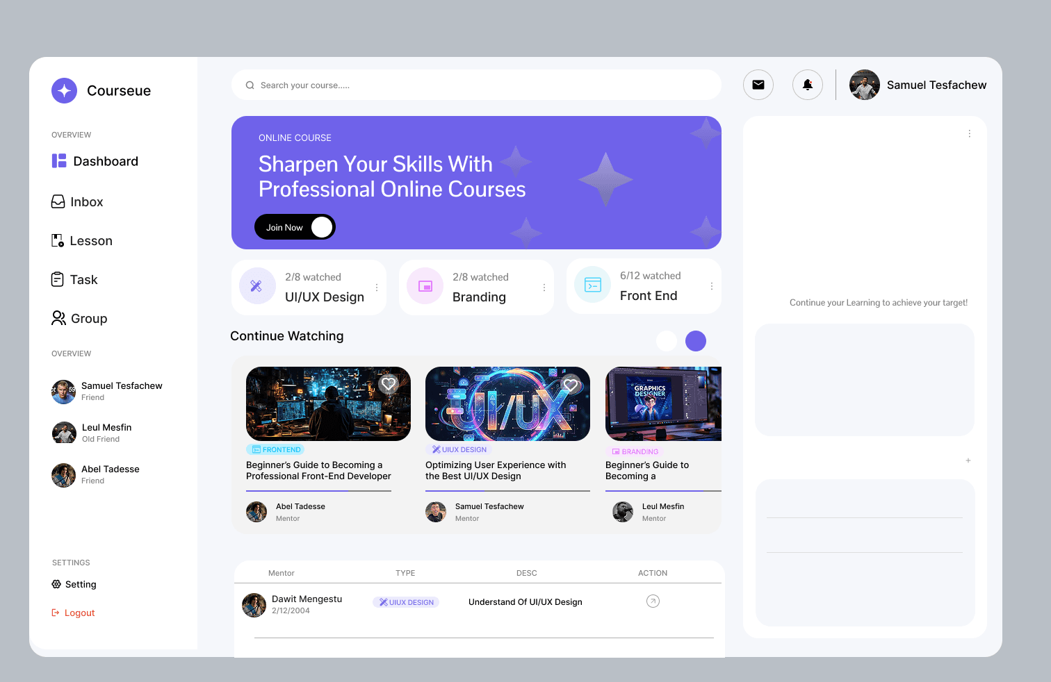 Online Learning Dashboard UI Design
